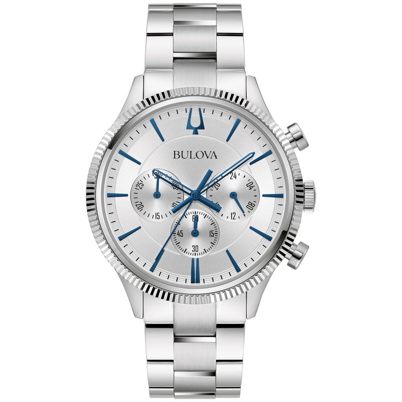 Bulova Mens Classic 6Hand Chronograph Quartz Silver Stainless Steel Watch 24 Hour Time Luminous Hands 43mm Style96A321