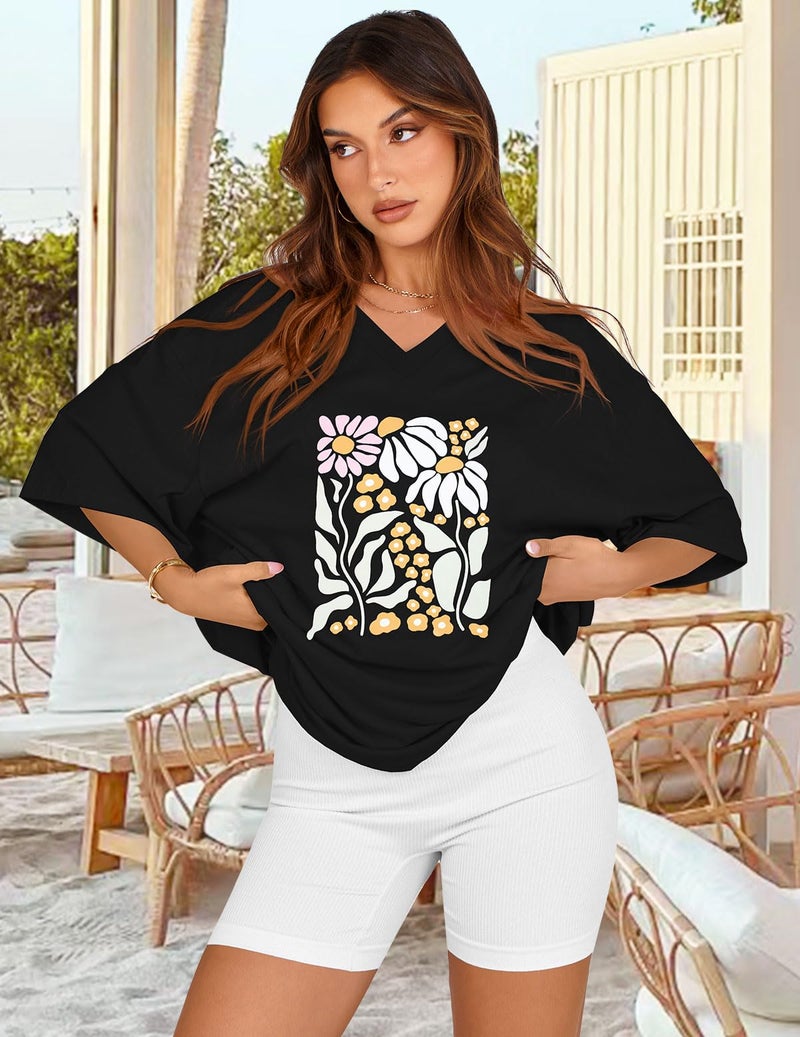 rosemia Oversized Tshirts for Women V Neck Short Sleeve Summer Casual Basic Loose Topsï¼ŒBlack Colorful Flowerï¼Œ2XL - Image 4