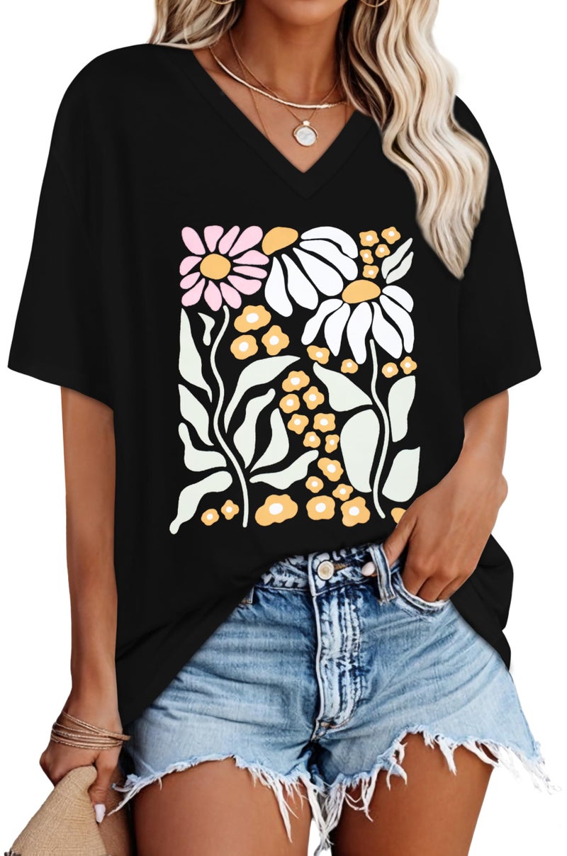 rosemia Oversized Tshirts for Women V Neck Short Sleeve Summer Casual Basic Loose Topsï¼ŒBlack Colorful Flowerï¼Œ2XL - Image 1