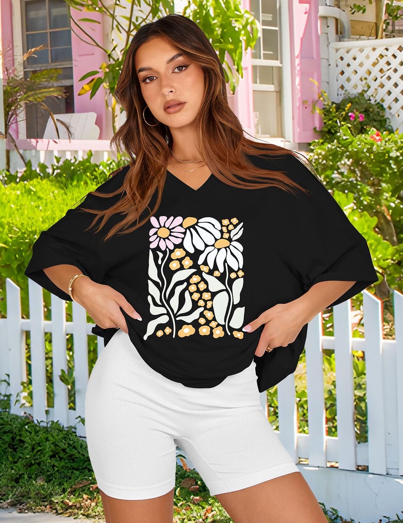 rosemia Oversized Tshirts for Women V Neck Short Sleeve Summer Casual Basic Loose Topsï¼ŒBlack Colorful Flowerï¼Œ2XL - Image 2