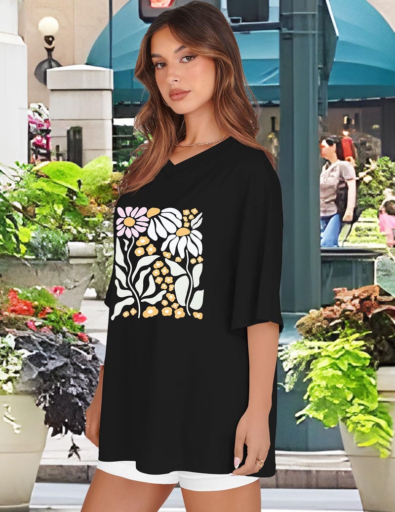 rosemia Oversized Tshirts for Women V Neck Short Sleeve Summer Casual Basic Loose Topsï¼ŒBlack Colorful Flowerï¼Œ2XL - Image 3