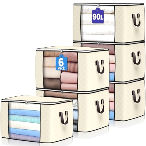 Budding Joy 90 L Large Storage Bags, 6 Pack Clothes Storage Bins Foldable Closet Organizers Storage Containers with Reinforced Handle for Clothing, Blanket, Comforters, Bed Sheets, Pillows and Toys (Beige) - Image 1