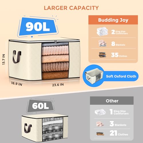 Budding Joy 90 L Large Storage Bags, 6 Pack Clothes Storage Bins Foldable Closet Organizers Storage Containers with Reinforced Handle for Clothing, Blanket, Comforters, Bed Sheets, Pillows and Toys (Beige) - Image 2
