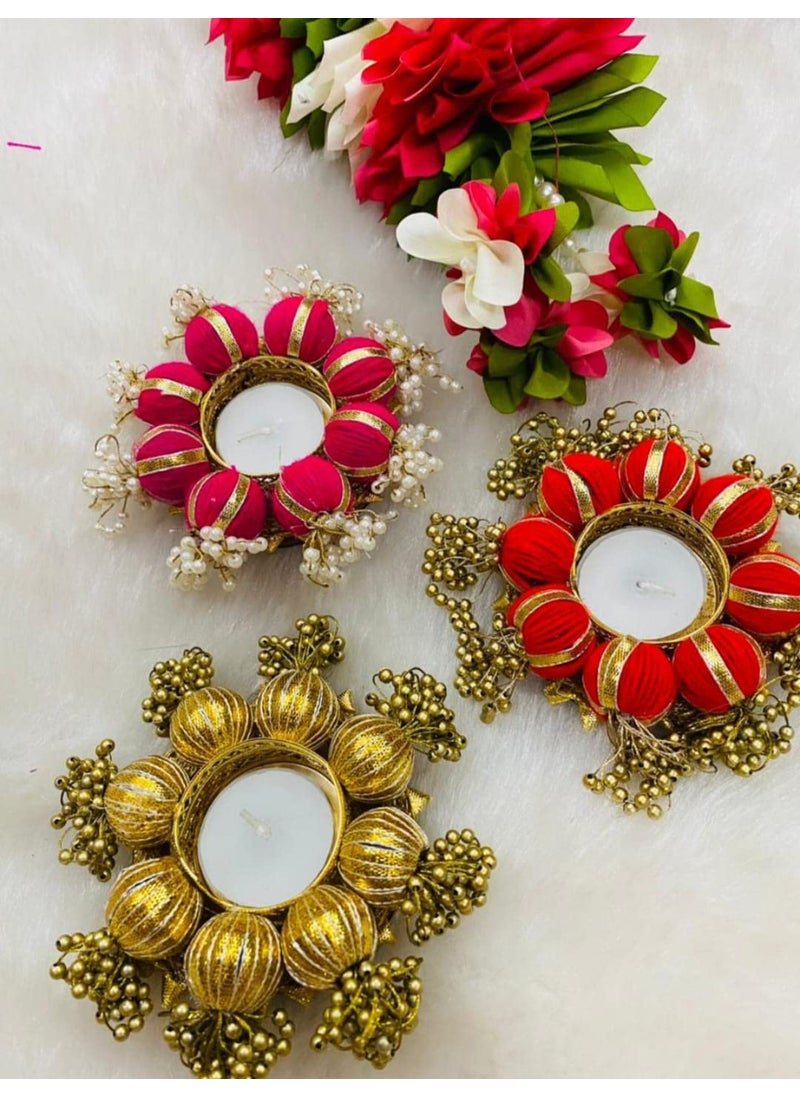 RedCrush RED CRUSH Decorative Moti with Beads Diya Tealight Candle Holder Diwali Diya for Home Festival Decoration Set of 3 Multicolor Tealight Holder Set  - Image 1