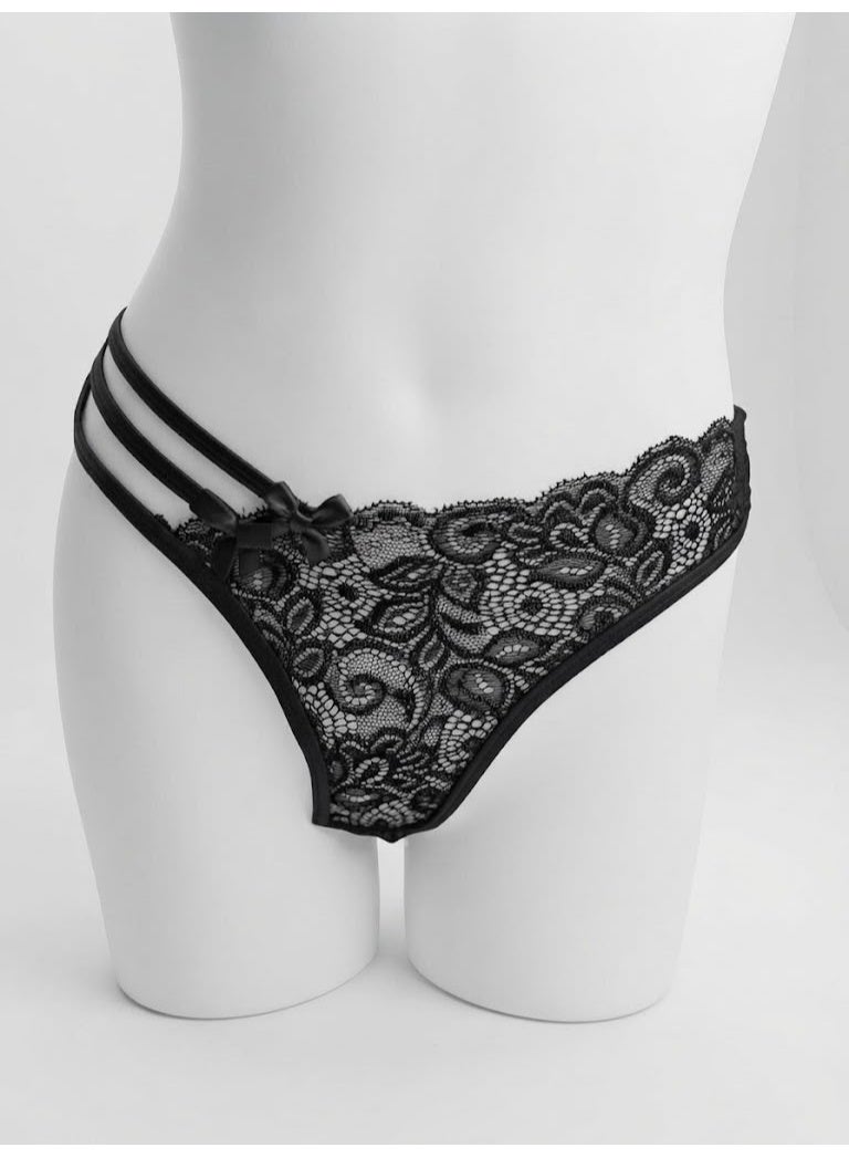 Classic Black Floral Lace Multi-Strap Thong with Bows
