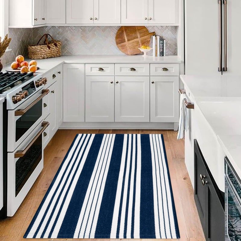 OJIA Blue and White Outdoor Rug 3'x5' Cotton Woven Striped Front Porch Rug Machine Washable Indoor Outdoor Rugs Farmhouse Entry Rug Layered Door Mat for Entryway/Kitchen/Front Door Entrance Decor - Image 4