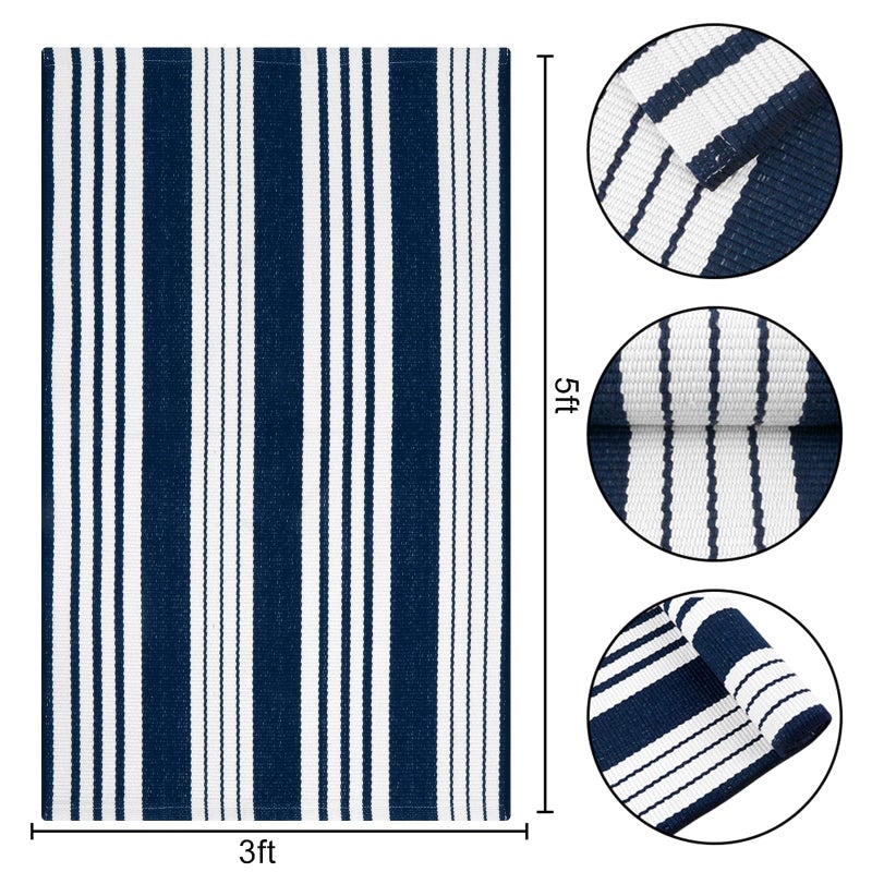 OJIA Blue and White Outdoor Rug 3'x5' Cotton Woven Striped Front Porch Rug Machine Washable Indoor Outdoor Rugs Farmhouse Entry Rug Layered Door Mat for Entryway/Kitchen/Front Door Entrance Decor - Image 3