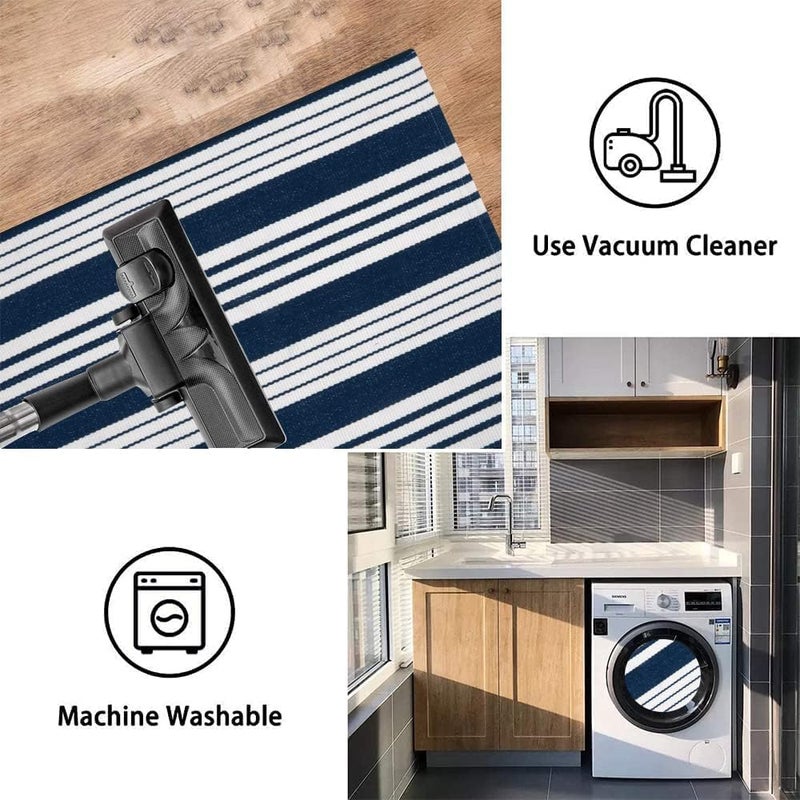 OJIA Blue and White Outdoor Rug 3'x5' Cotton Woven Striped Front Porch Rug Machine Washable Indoor Outdoor Rugs Farmhouse Entry Rug Layered Door Mat for Entryway/Kitchen/Front Door Entrance Decor - Image 2
