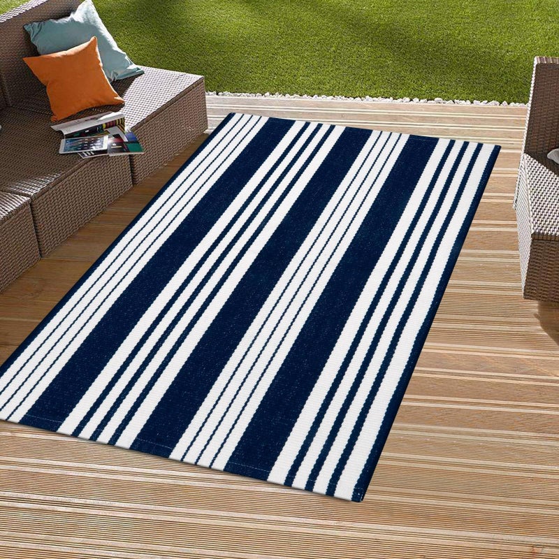 OJIA Blue and White Outdoor Rug 3'x5' Cotton Woven Striped Front Porch Rug Machine Washable Indoor Outdoor Rugs Farmhouse Entry Rug Layered Door Mat for Entryway/Kitchen/Front Door Entrance Decor - Image 5