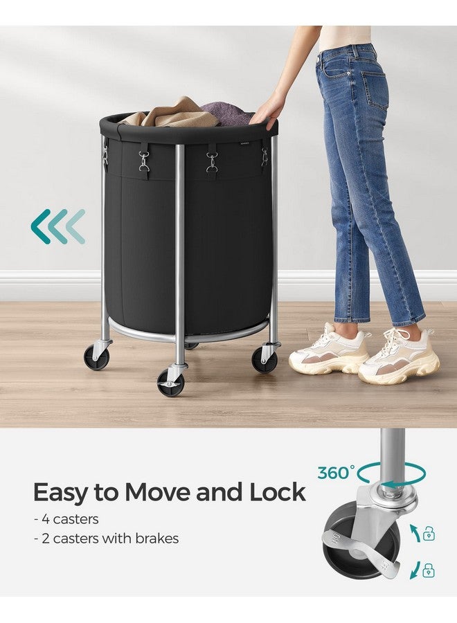 SONGMICS SONGMICS Laundry Basket with Wheels, Rolling Laundry Hamper, 29 Gal., Round Laundry Cart with Steel Frame and Removable Bag, 4 Casters and 2 Brakes, Black and Silver URLS002B01 - Image 3