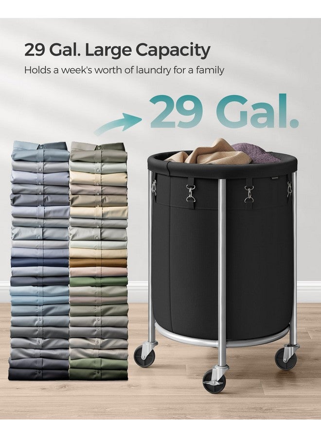 SONGMICS SONGMICS Laundry Basket with Wheels, Rolling Laundry Hamper, 29 Gal., Round Laundry Cart with Steel Frame and Removable Bag, 4 Casters and 2 Brakes, Black and Silver URLS002B01 - Image 2