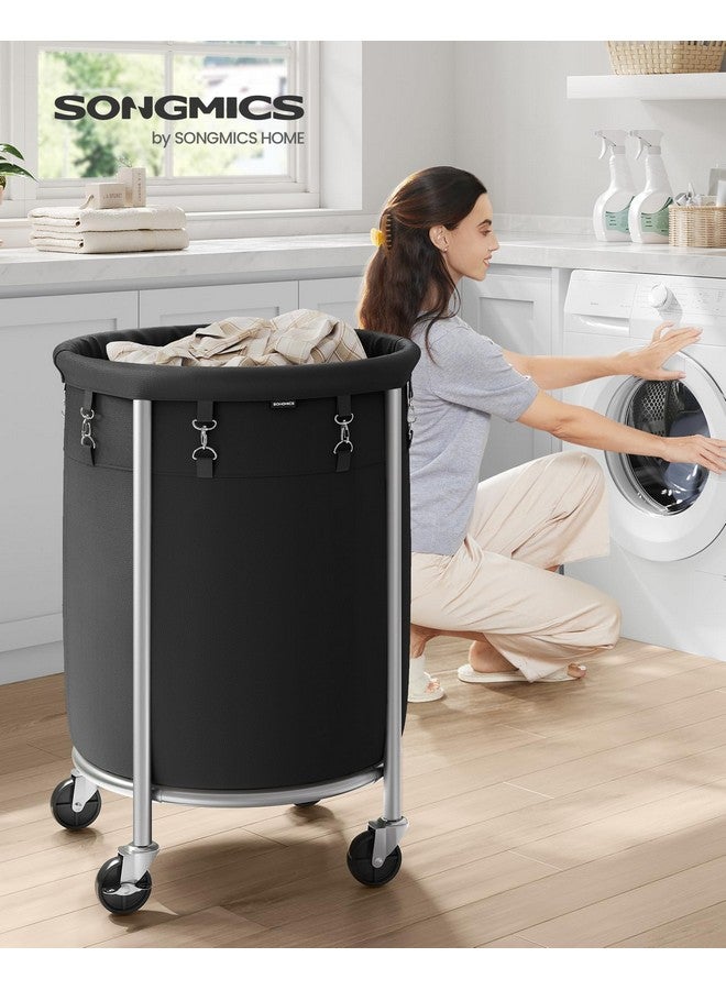 SONGMICS SONGMICS Laundry Basket with Wheels, Rolling Laundry Hamper, 29 Gal., Round Laundry Cart with Steel Frame and Removable Bag, 4 Casters and 2 Brakes, Black and Silver URLS002B01 - Image 1