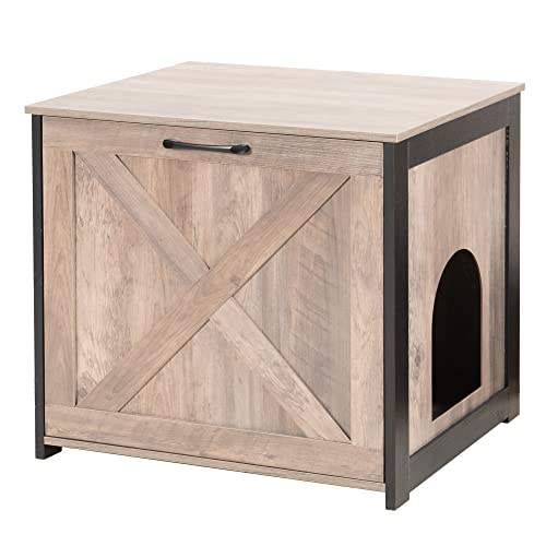 Dwanton Cat Litter Box Furniture Hidden, Cat Litter Box Enclosure, Reversible Entrance Can Be on Left or Right Side, Indoor Cabinet, Wooden Washroom, End Table, Nightstand, Greige, 23.6" L - Image 1