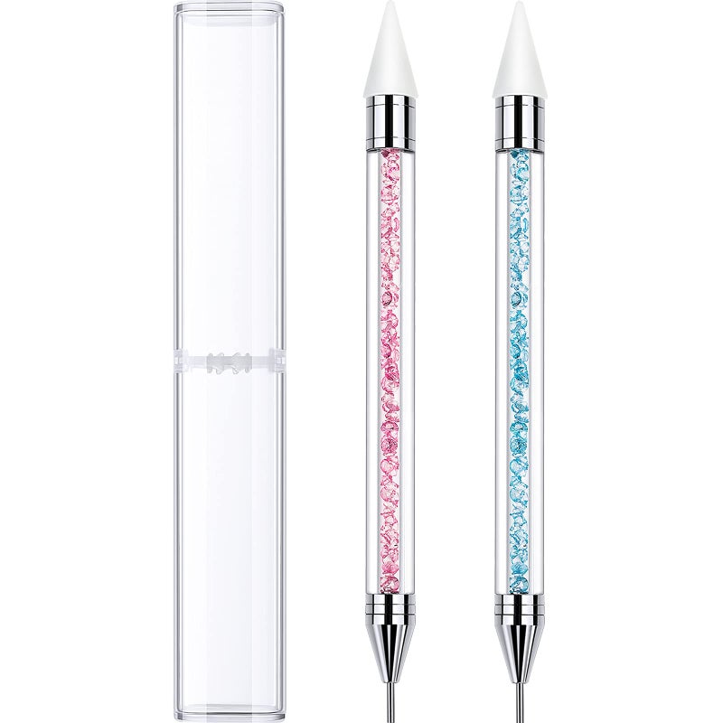 2 Pieces Rhinestone Picker Dotting Pen Dualended Rhinestone Gems Crystals Studs Picker Wax Pencil Pen Crystal Beads Handle Manicure Nail Art DIY Decoration Tool Light Blue Pink