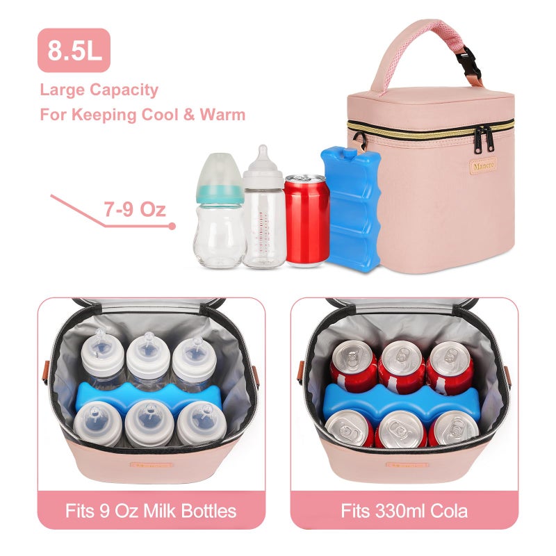 Mancro Breastmilk Cooler Bag Fits 6 Bottles Up to 9 Ounce, Insulated Baby Bottle Bag Comes with ice Pack and Shoulder Strap, Baby Bottle Cooler Bags for Daycare Nursing, Pink - Image 3