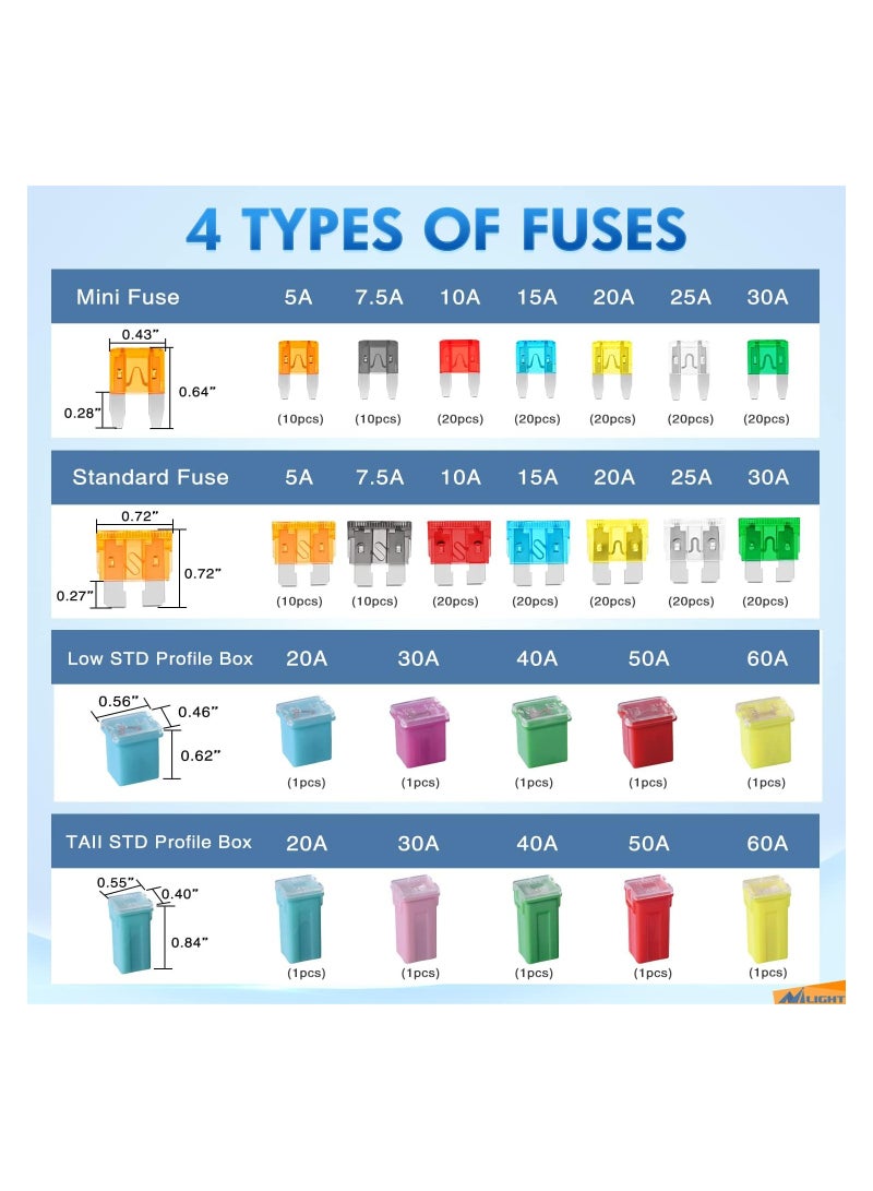 Zikra Car Fuse Assortment Kit, 250PCS Fuses 5A 7.5A 10A 15A 20A 25A 30A Standard Mini Fuses 20A 30A 40A 50A 60A Low Tall STD Profile Fuses for Car - Image 2