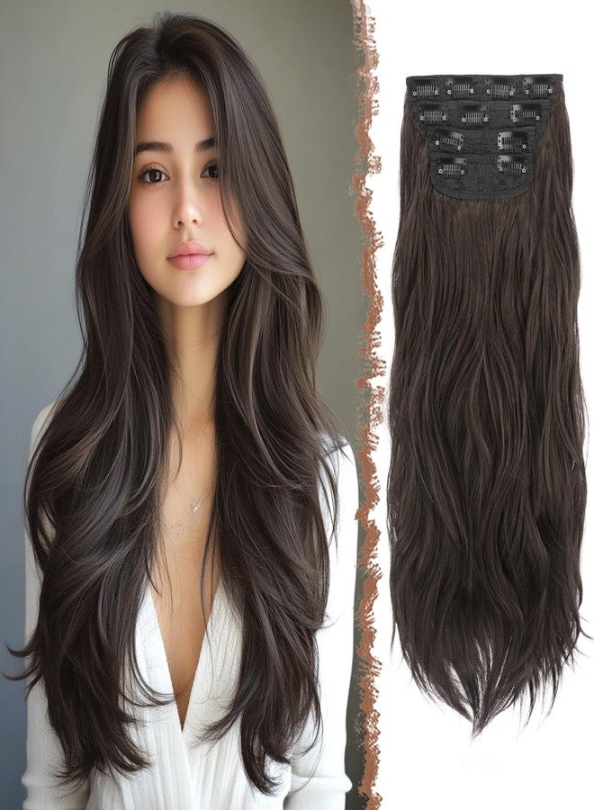 FESHFEN Clip in Hair Extensions for Women - 4pcs Thick Double Weft Long Wavy Soft Synthetic Hairpieces with Clip 50cm Black Brown - Image 1