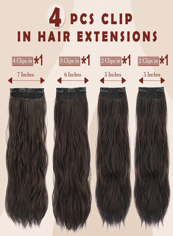 FESHFEN Clip in Hair Extensions for Women - 4pcs Thick Double Weft Long Wavy Soft Synthetic Hairpieces with Clip 50cm Black Brown - Image 2
