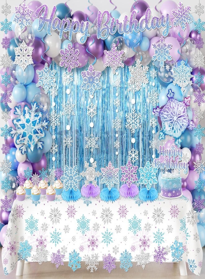 YTGUVBK Snowflake Birthday Party Decorations, Blue Purple Winter Wonderland Decorations Kit include Fringe Curtain,Snowflake Garland,Balloon,Banner,Cake Topper,Tablecloth for Winter Snowflake Party Decor - Image 1