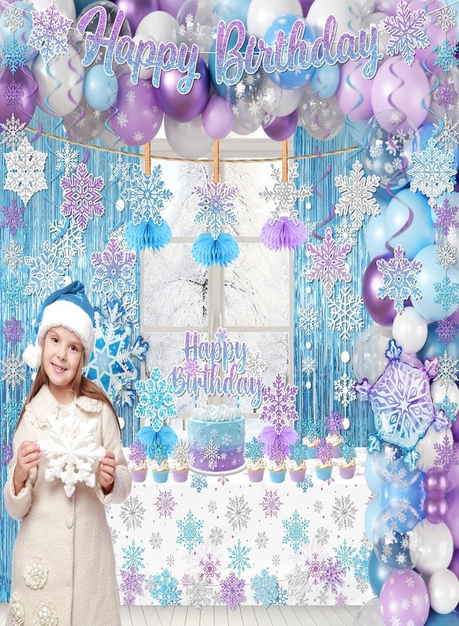 YTGUVBK Snowflake Birthday Party Decorations, Blue Purple Winter Wonderland Decorations Kit include Fringe Curtain,Snowflake Garland,Balloon,Banner,Cake Topper,Tablecloth for Winter Snowflake Party Decor - Image 3