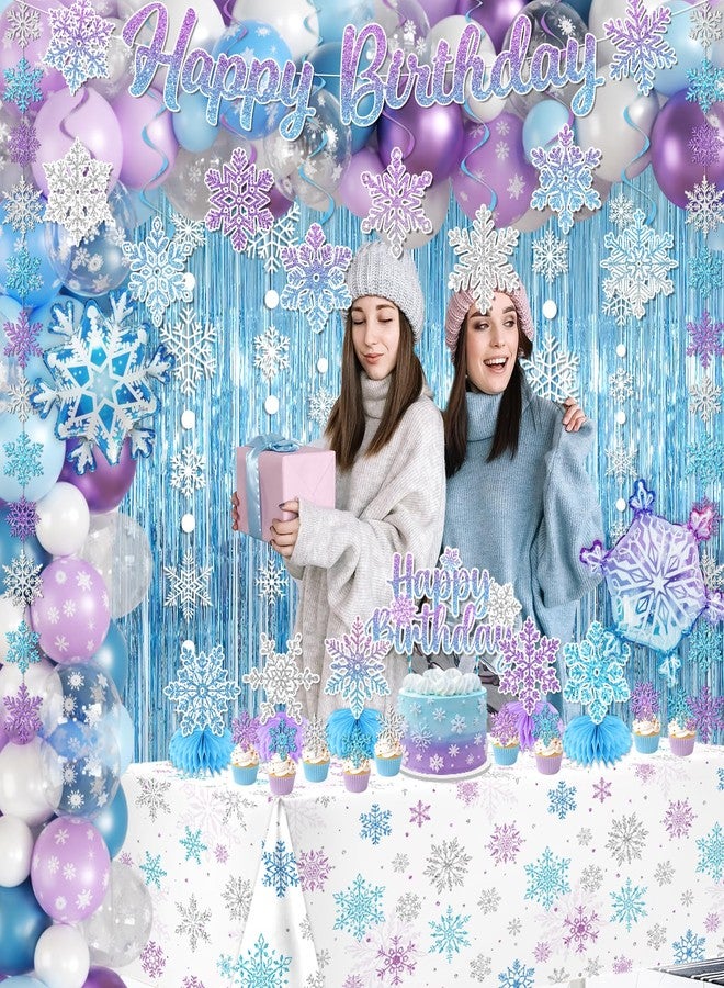YTGUVBK Snowflake Birthday Party Decorations, Blue Purple Winter Wonderland Decorations Kit include Fringe Curtain,Snowflake Garland,Balloon,Banner,Cake Topper,Tablecloth for Winter Snowflake Party Decor - Image 2