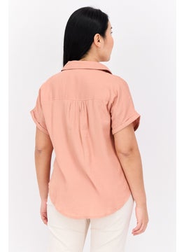 Swiss Alps Women Spread Collar Short Sleeve Plain Shirt, Peach  - Image 3