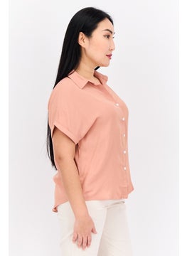 Swiss Alps Women Spread Collar Short Sleeve Plain Shirt, Peach  - Image 2