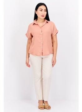 Swiss Alps Women Spread Collar Short Sleeve Plain Shirt, Peach  - Image 4