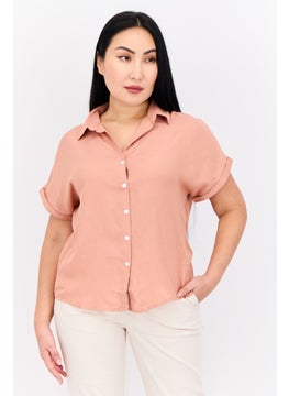 Swiss Alps Women Spread Collar Short Sleeve Plain Shirt, Peach  - Image 1
