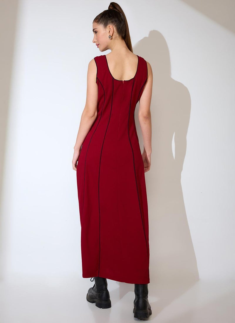 Globus Women Maroon Scoop Neck Stripes Design Flared Hem A-Line Maxi Dress - Image 4