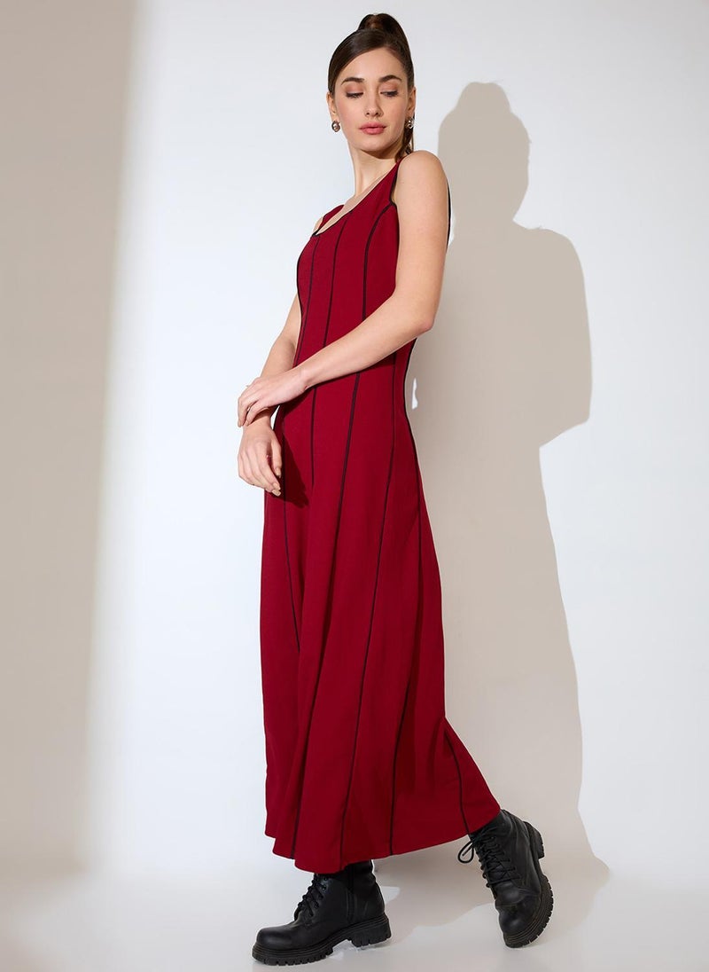 Globus Women Maroon Scoop Neck Stripes Design Flared Hem A-Line Maxi Dress - Image 3