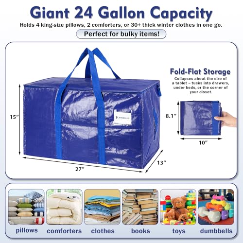 KYODOLED 6 Pack Extra Heavy Duty Blue Moving Bags - Large Move In & Packing Bags for College Students, Sturdy Storage Totes with Strong Zipper & Comfortable Handles for Clothes Storage - Image 2
