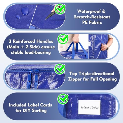 KYODOLED 6 Pack Extra Heavy Duty Blue Moving Bags - Large Move In & Packing Bags for College Students, Sturdy Storage Totes with Strong Zipper & Comfortable Handles for Clothes Storage - Image 3