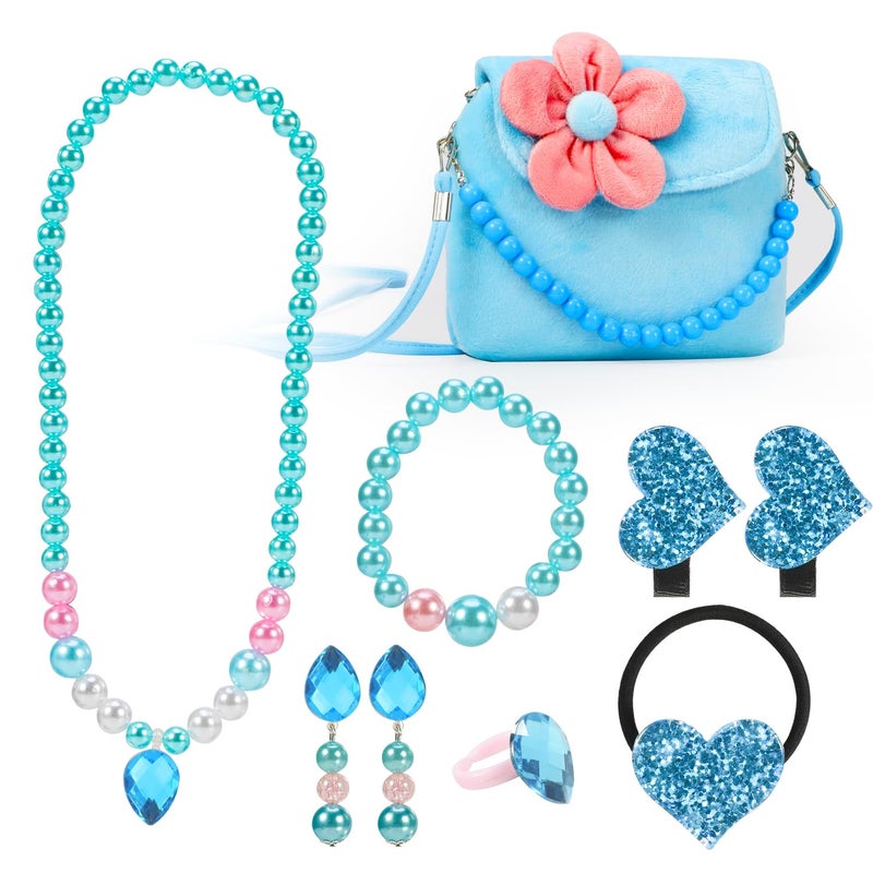Hifot Kids Jewelry Little Girls Plush Handbag Necklace Bracelet Earrings Ring Hair Clips Set Princess Costume Jewelry Party Favors Gift for Dress up Pretend Play 38 Years - Image 2