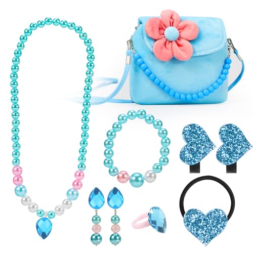 Hifot Kids Jewelry Little Girls Plush Handbag Necklace Bracelet Earrings Ring Hair Clips Set Princess Costume Jewelry Party Favors Gift for Dress up Pretend Play 38 Years - Image 1