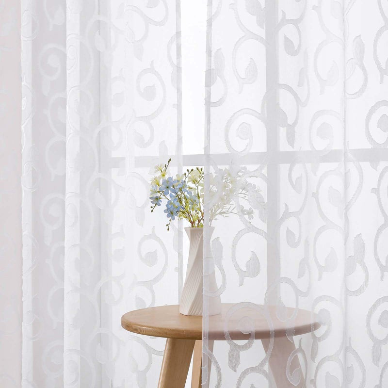 WelvetBLK White Sheer Curtains 84 Inches Long 2 Panels Set for Bedroom Living Room, Soft Solid Airy Elegant Geometric Jacquard Clip Light Filtering Curtains Drapes, White, 2Pcs Total Wide 84" Inch - Image 1