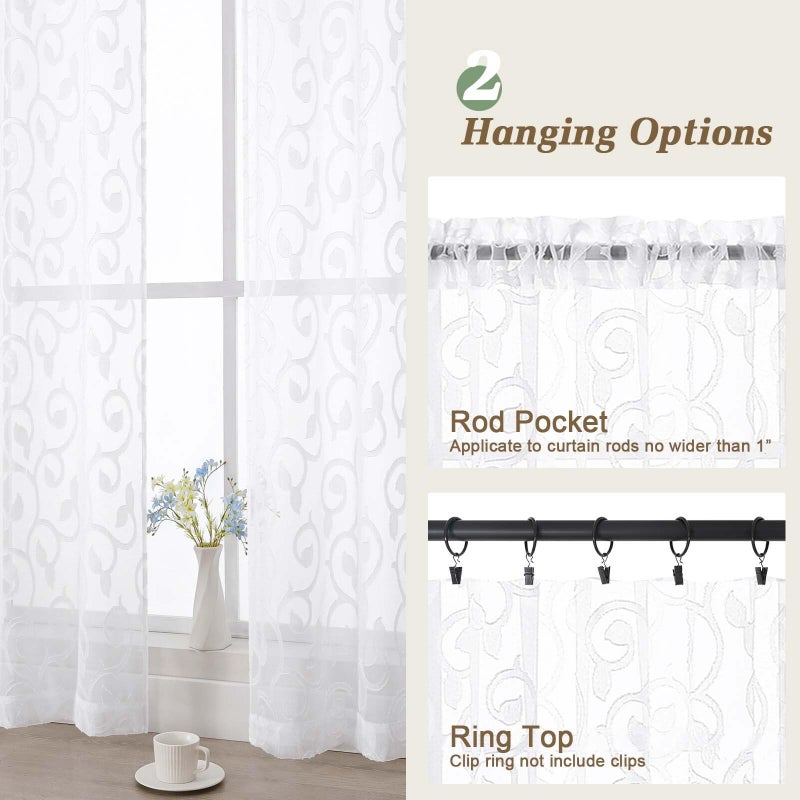 WelvetBLK White Sheer Curtains 84 Inches Long 2 Panels Set for Bedroom Living Room, Soft Solid Airy Elegant Geometric Jacquard Clip Light Filtering Curtains Drapes, White, 2Pcs Total Wide 84" Inch - Image 4