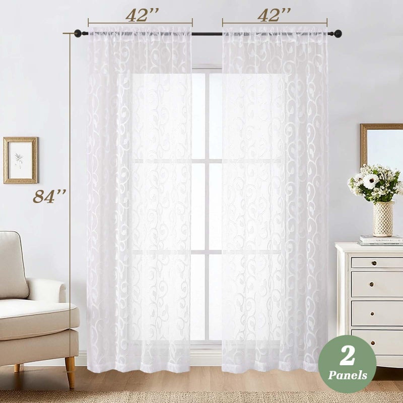 WelvetBLK White Sheer Curtains 84 Inches Long 2 Panels Set for Bedroom Living Room, Soft Solid Airy Elegant Geometric Jacquard Clip Light Filtering Curtains Drapes, White, 2Pcs Total Wide 84" Inch - Image 5
