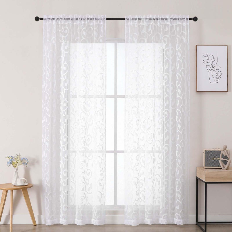 WelvetBLK White Sheer Curtains 84 Inches Long 2 Panels Set for Bedroom Living Room, Soft Solid Airy Elegant Geometric Jacquard Clip Light Filtering Curtains Drapes, White, 2Pcs Total Wide 84" Inch - Image 2