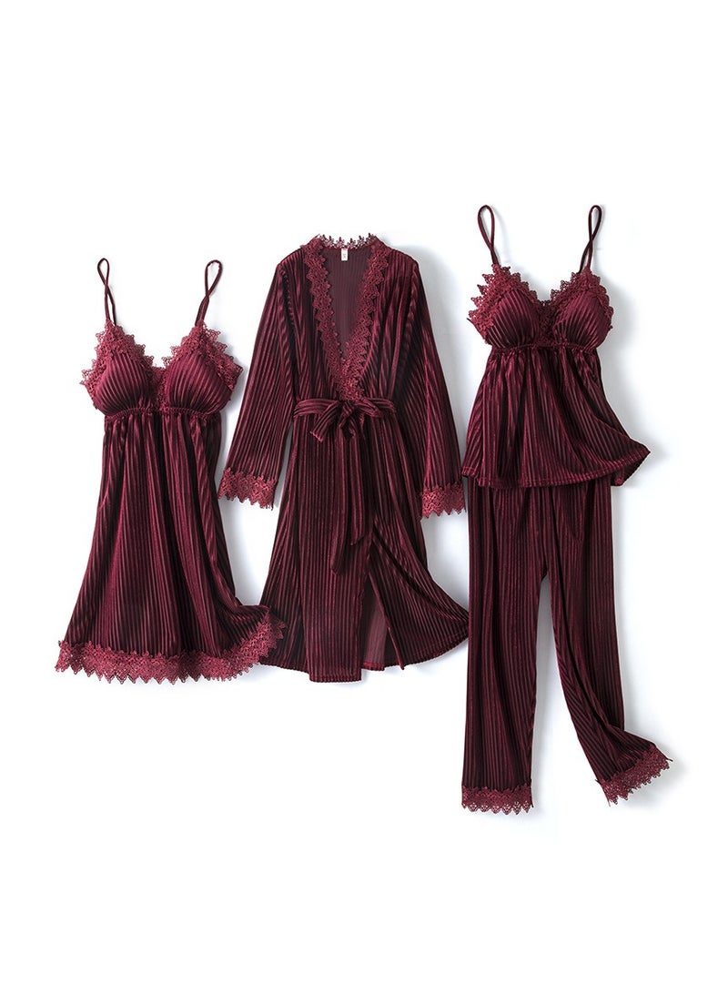 Women's Striped Gold Velvet Pajamas Four-piece Set 