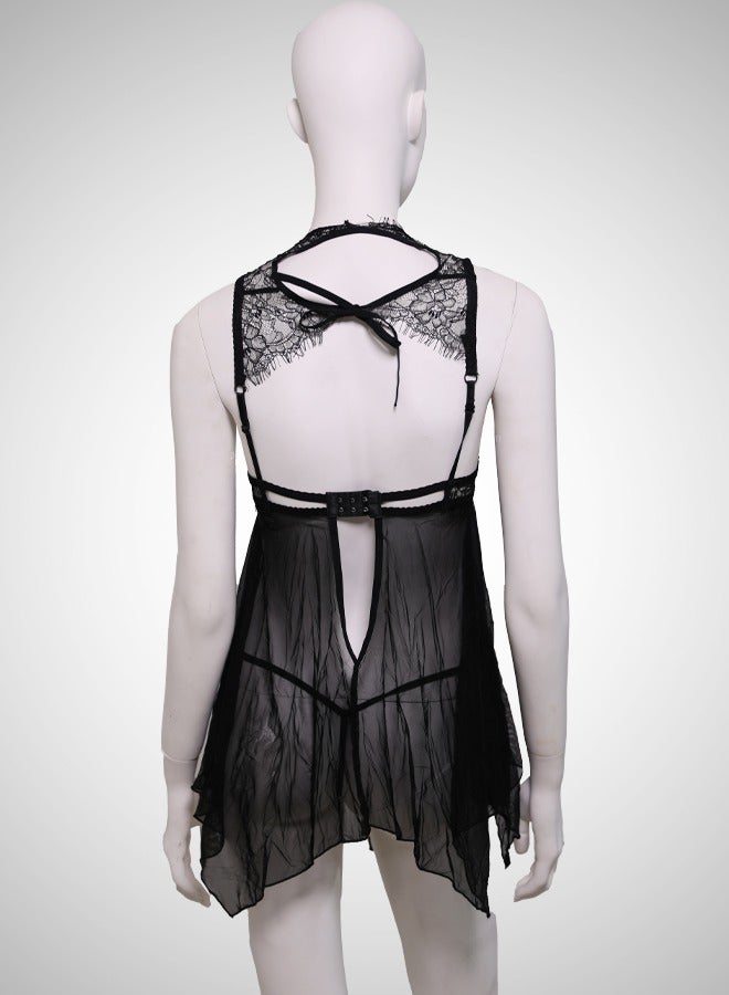 ovitio Black Lingerie Sleep Set with Chiffon and Lace Details, Two Pieces - Image 2