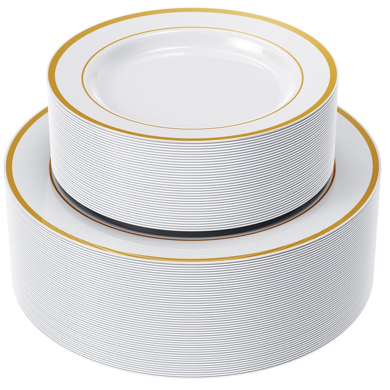 FOCUSLINE Gold Plastic Plates Set of 102 Disposable Heavy Duty 51 Dinner Plates and 51 Dessert Plates Elegant Fancy White Plastic Plate with Gold Rim for Wedding Party Plate