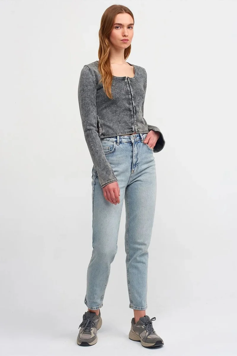 Dilvin Charcoal Grey DILVIN Cotton Ribbed Crop Cardigan for Women | Best Price UAE