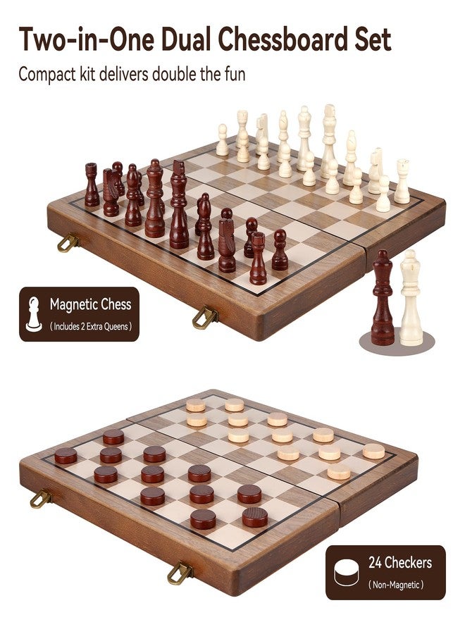 Hvygss 15 Inch Magnetic Chess Board, Foldable Wooden Chess Set with Checkers, Handcrafted Pieces with 2 Extra Queens, Portable Travel Board Game for Kids 6+ (Walnut Style, 15 Inch) - Image 4