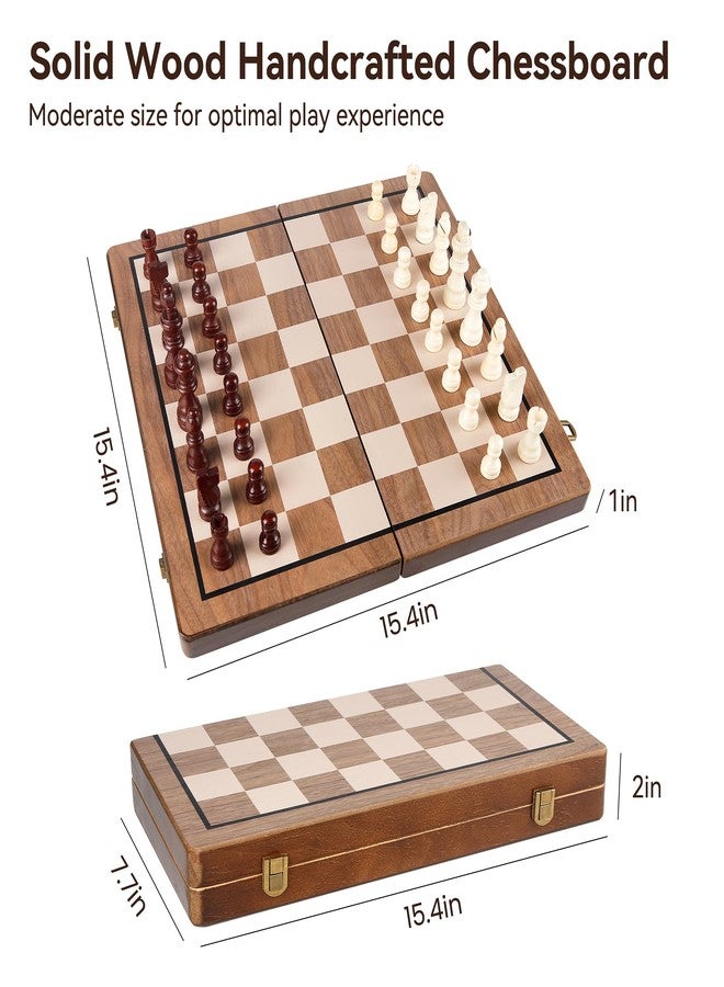 Hvygss 15 Inch Magnetic Chess Board, Foldable Wooden Chess Set with Checkers, Handcrafted Pieces with 2 Extra Queens, Portable Travel Board Game for Kids 6+ (Walnut Style, 15 Inch) - Image 2