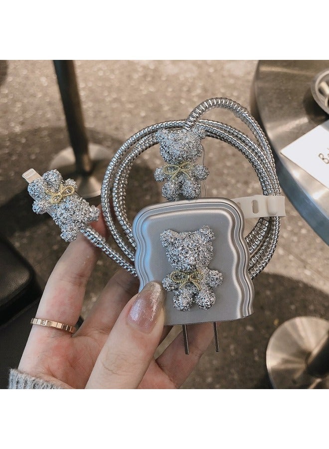 For Apple 15promax Charger Protective Case Silicone Protective Case Iphone14pro Winding Rope 1-color:Apple 18w/20w  Wave Electroplated Silver Four-piece Set  - Image 1