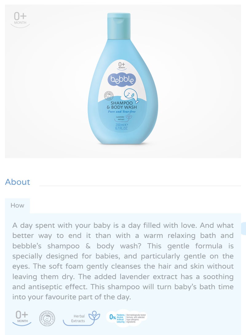 bebble Baby Shampoo and Body Wash | No Tears | Free of Paraben Sulphate | 200 ml - Image 3