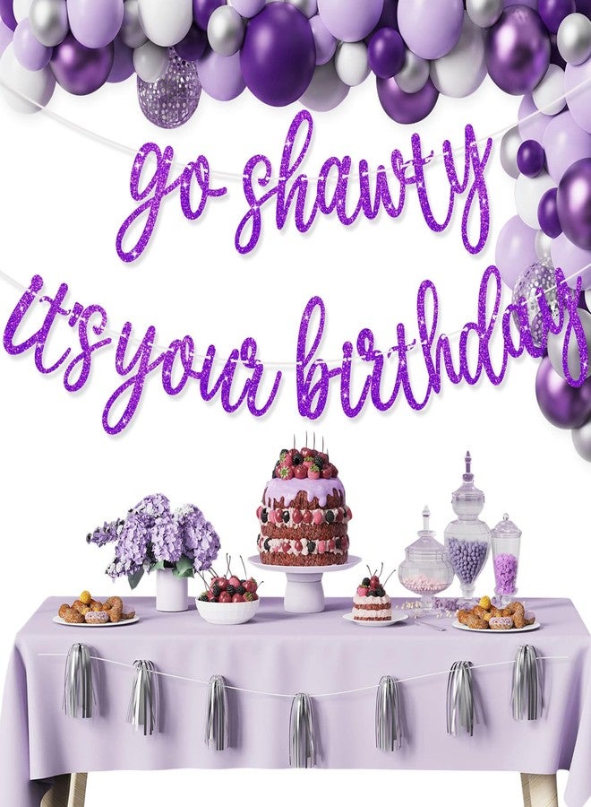 LIGHOON Pre-strung Go Shawty It's Your Birthday Banner for Women Hip Hop Theme Glitter Happy Birthday Banner Rap Theme Happy Birthday Sign for birthday Party Decorations Supplies (Purple) - Image 4