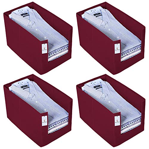 Kuber Industries (Set of 4) Clothes Organiser for Wardrobe - Foldable and Stackable Organizer for Shirt | Garments | Cloth - Storage Container Separator for Closet | Almirah | Cupboard | Shelf(Maroon) - Image 1