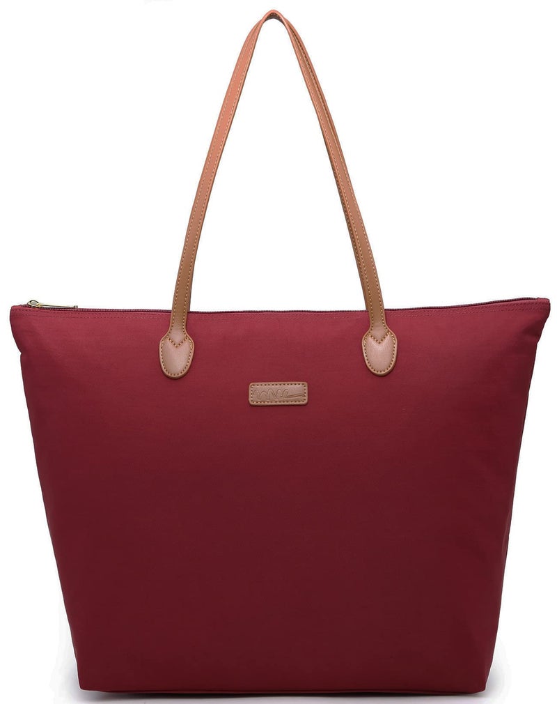 NNEE Water Resistant Light Weight Nylon Tote Bag Handbag - Large Size, Dark Red - Image 1